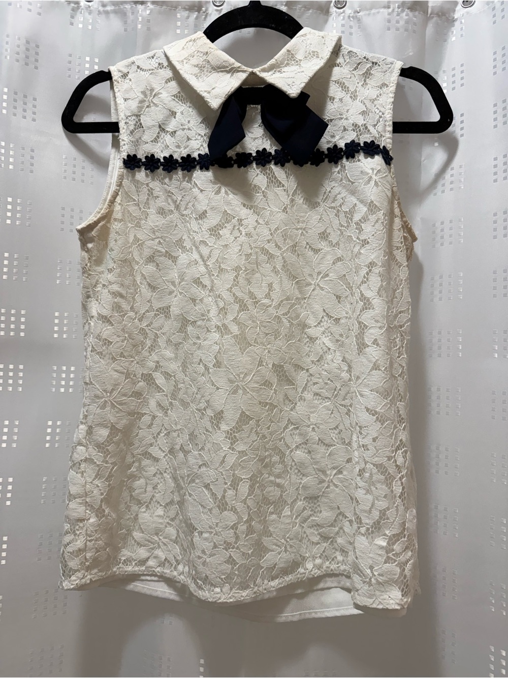 Karl Lagerfeld Cream Lace Tank with Navy Bow Trim
